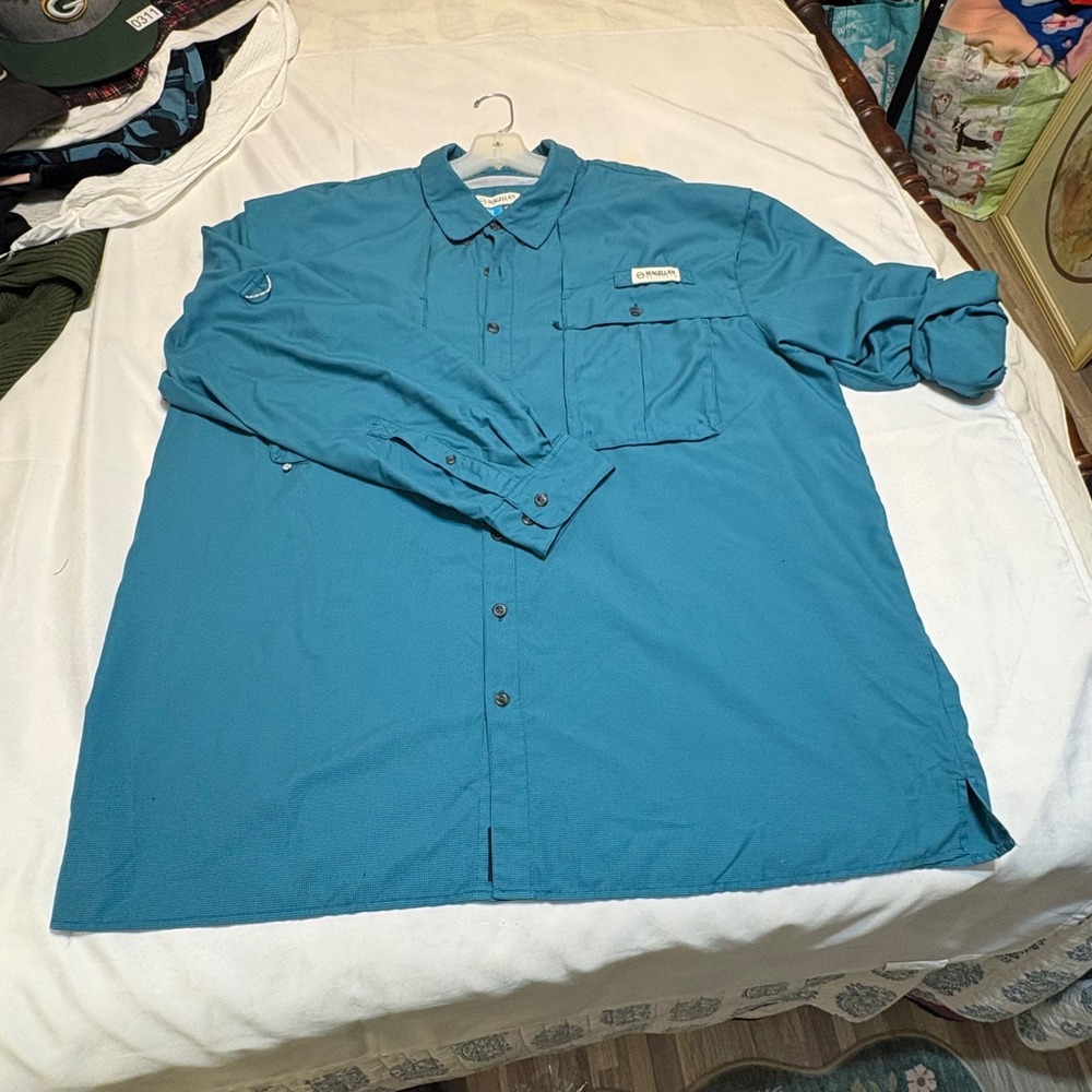 Magellan Outdoors Aransas Pass Fishing Shirt Mens 2XL Teal Blue Plaid LS